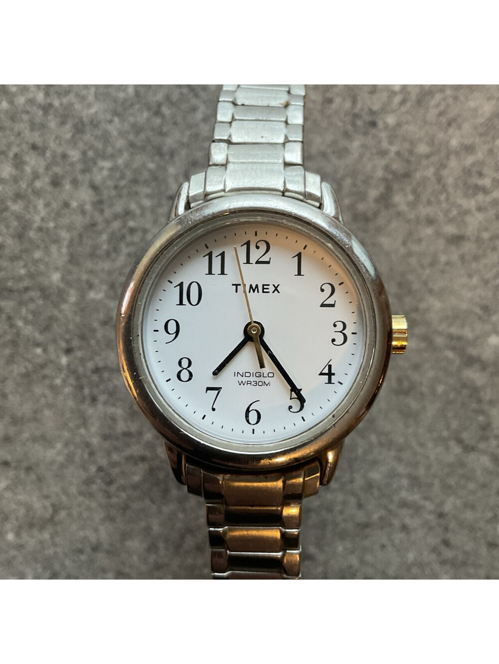 Timex Indiglo Womens Watch Silver Tone Case and Expansion Band & White Dial BP